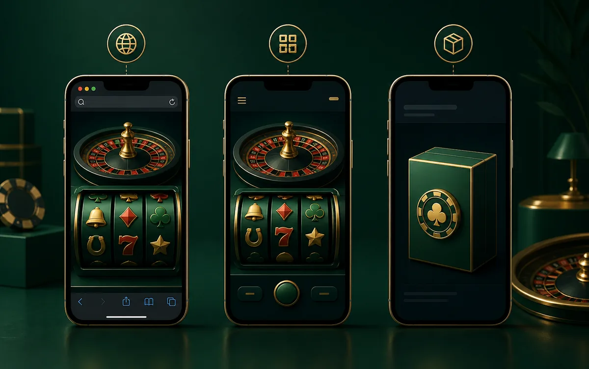 Comparação ilustrativa entre navegador, PWA e APK de cassino